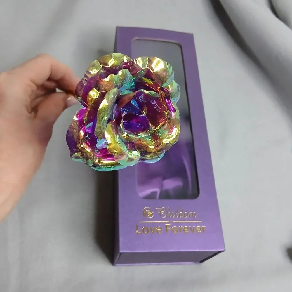 Childom Colorful Iridescent Rose Artificial Purple Flower Satin Lined Gift Box